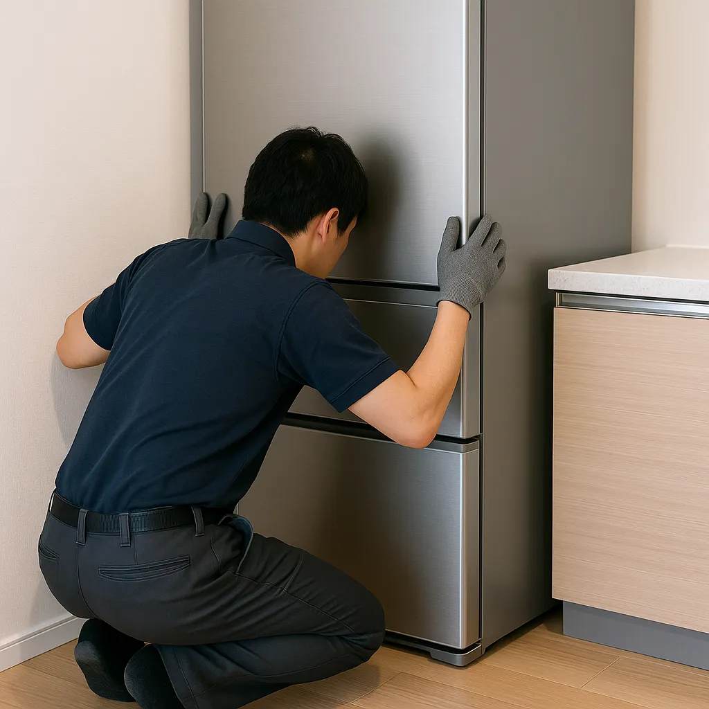 完璧な配置で冷蔵庫を設置している業者の画像