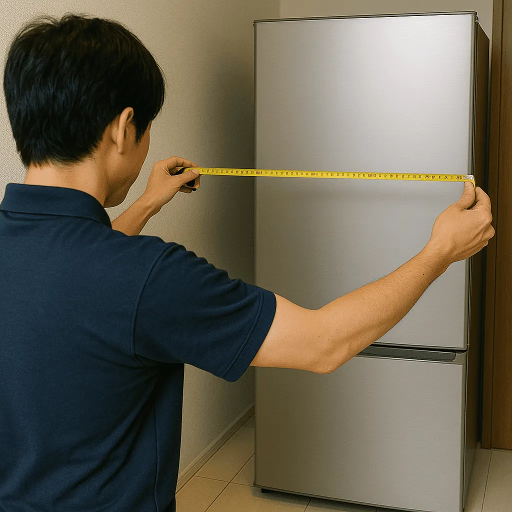 搬入経路と冷蔵庫のサイズを確認している人の画像