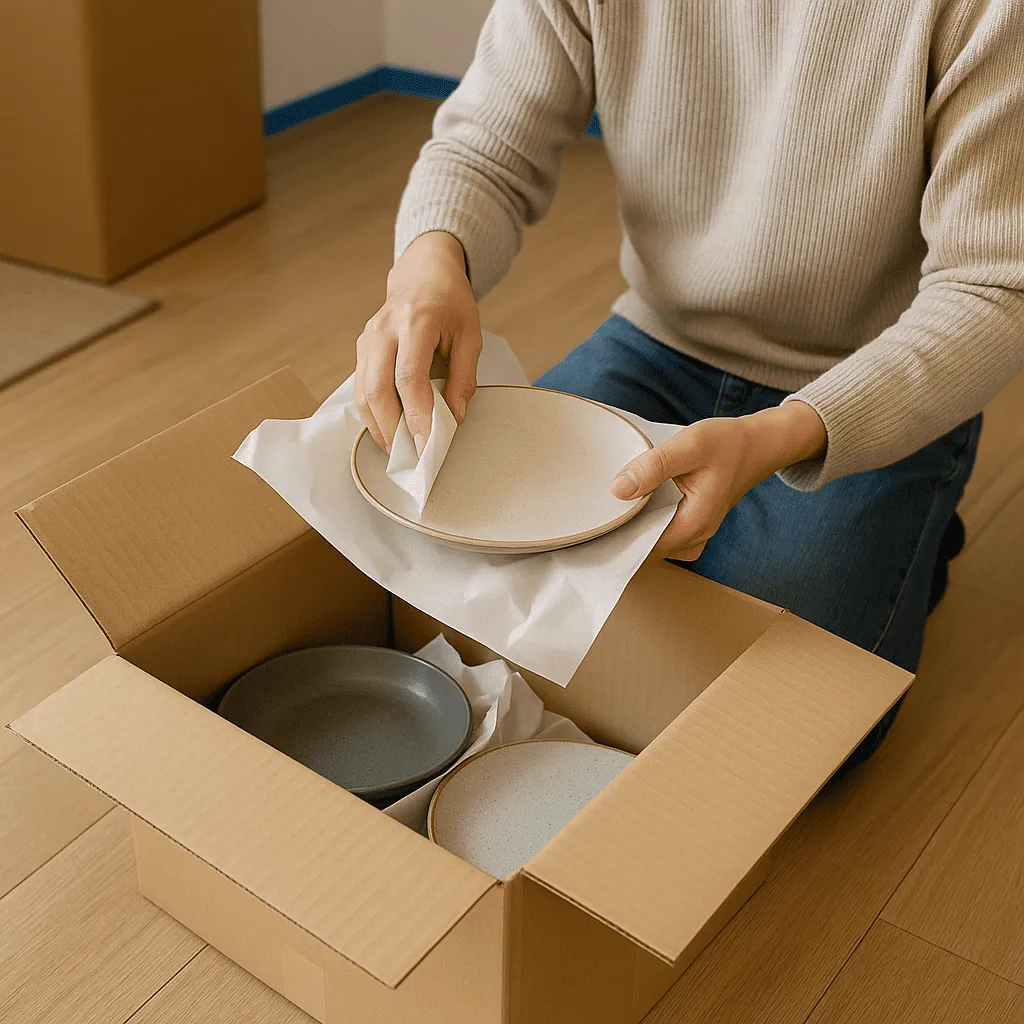 重たい食器を梱包している画像