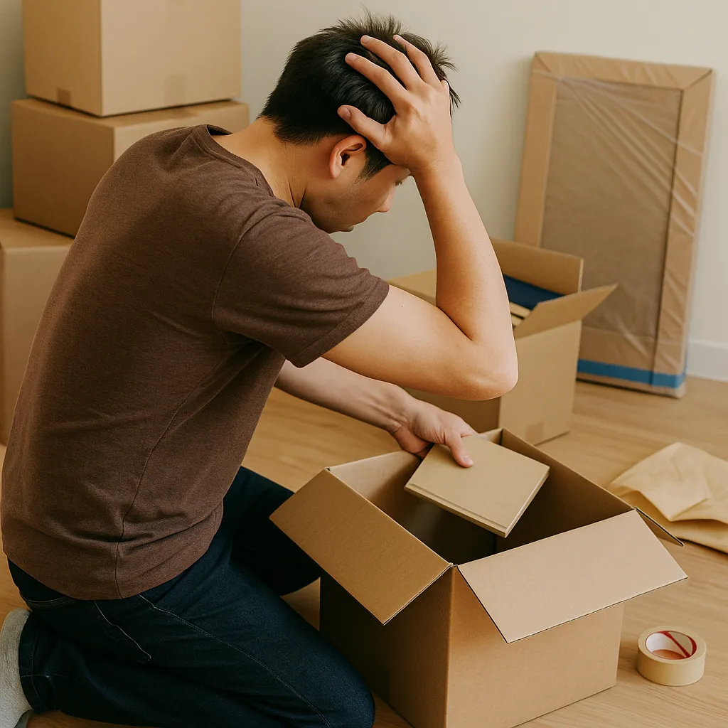 大慌てで荷造りする人の画像