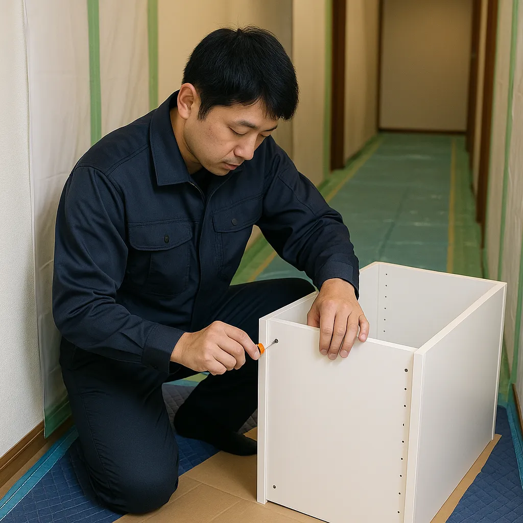 養生された部屋で家具の組み立てをしてる業者の画像