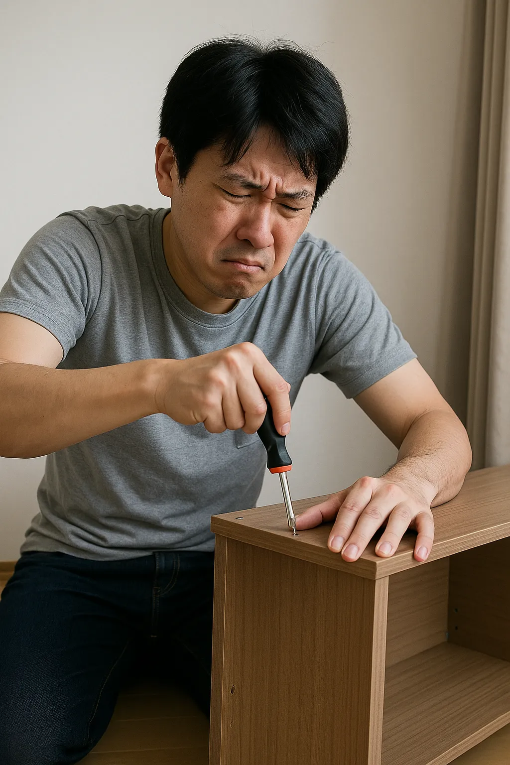 家具の解体に苦戦している人の画像