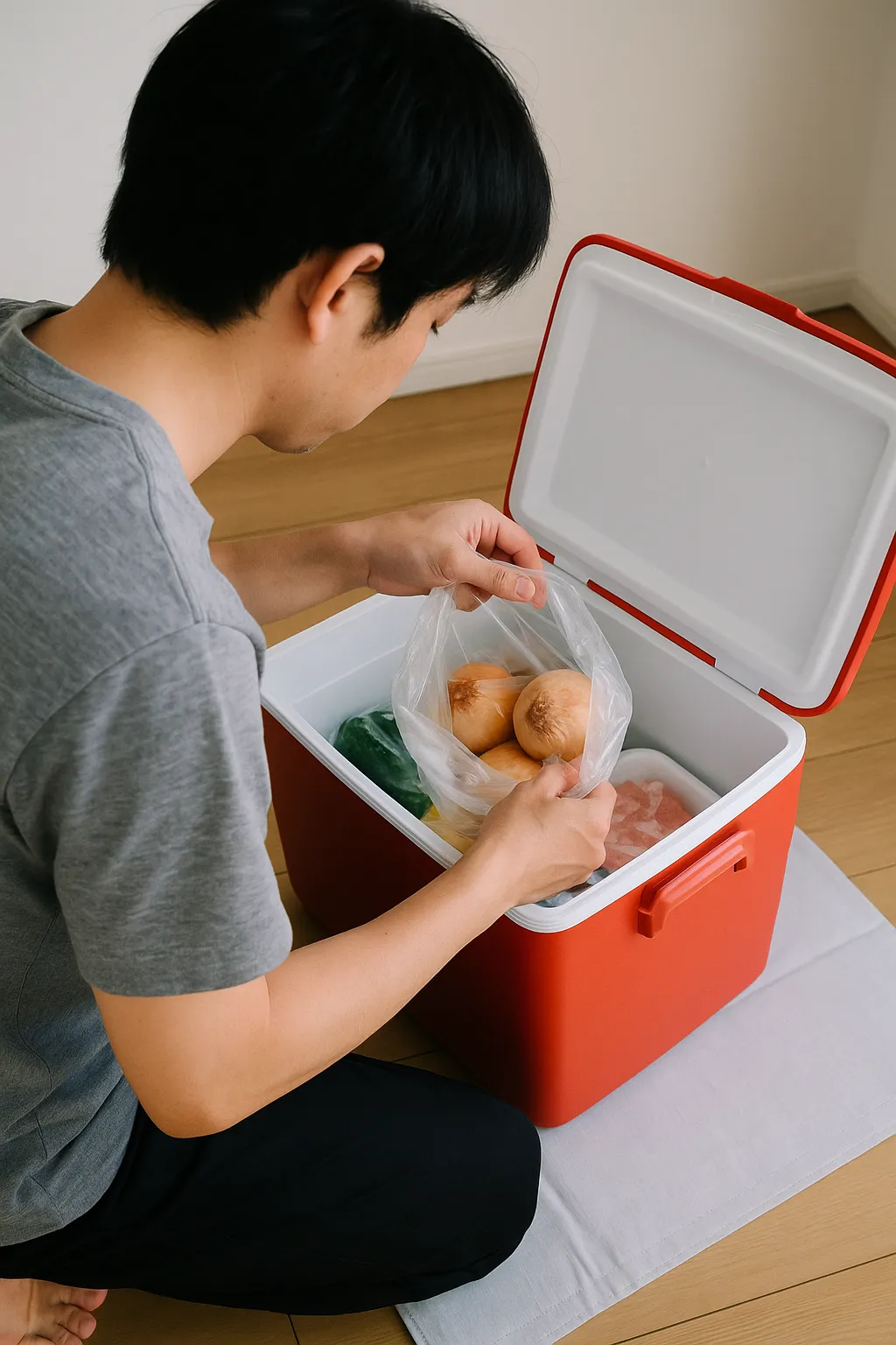 クーラーボックスに食材を入れてる人の画像