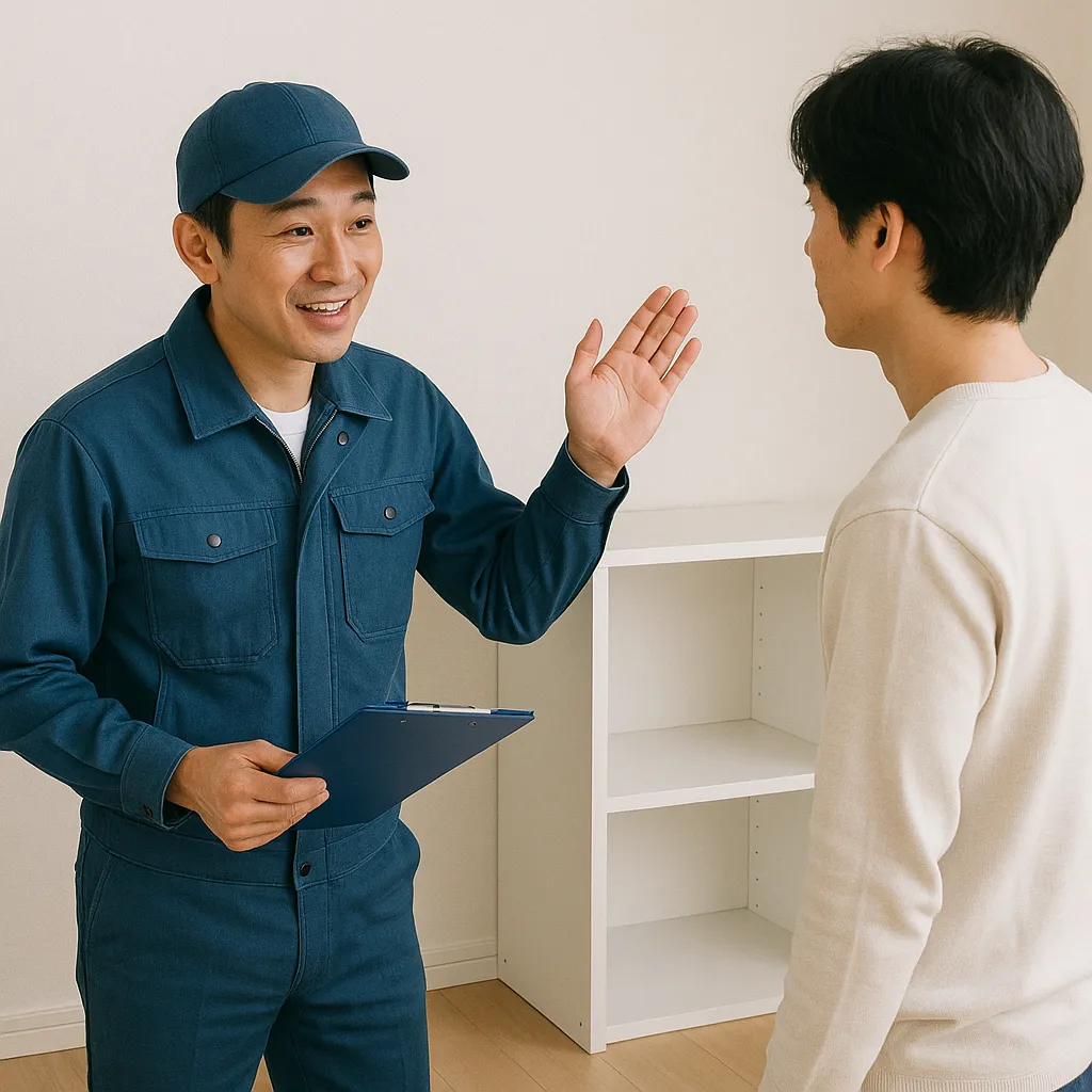 家具設置のアドバイスをしている業者の画像