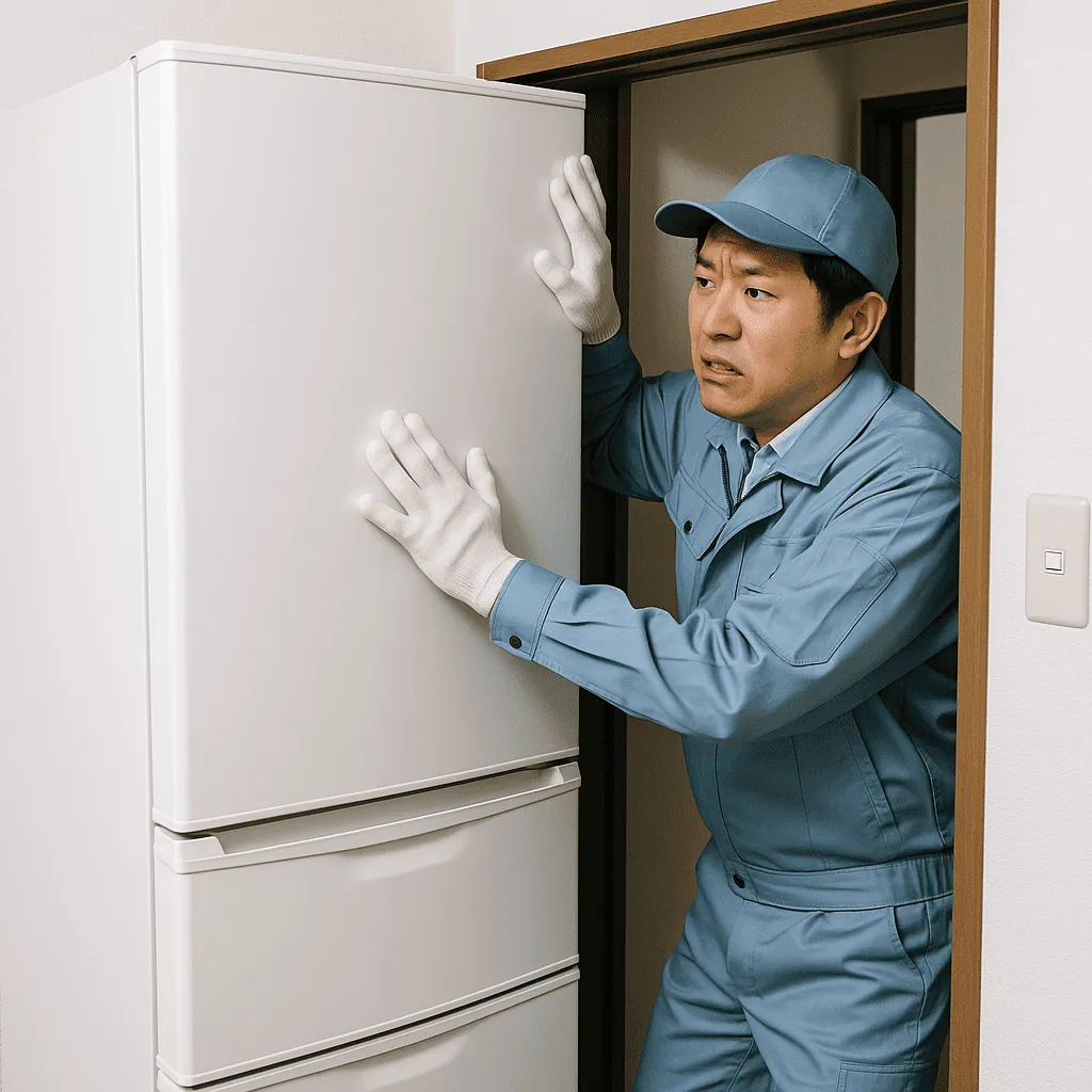 マンションの通路の幅が狭く、搬入できない冷蔵庫の画像